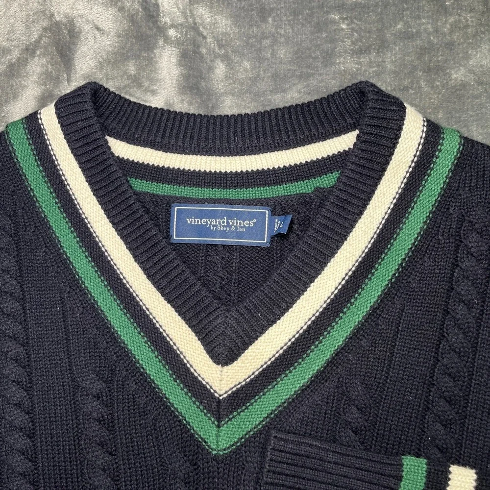 Vineyard Vines Tennis Merino Wool Sweater Men's Large Navy Cable Knit V Neck